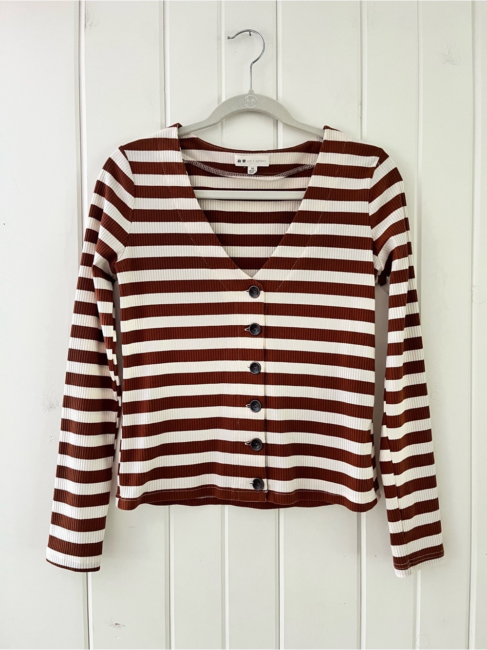 Art + Ephect Striped Ribbed Button-Down Top in Brown/White, Sz M (P2P 17”)